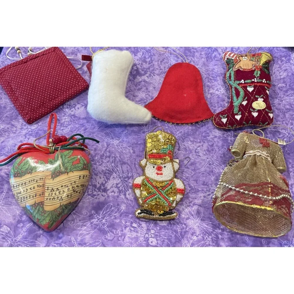 Vintage Victorian Style Lot Of 7 Christmas Holiday Ornaments Bell Stocking Heart